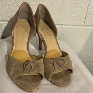 Vince Camuto Tan Peep-Toe Heels with Bow Detail